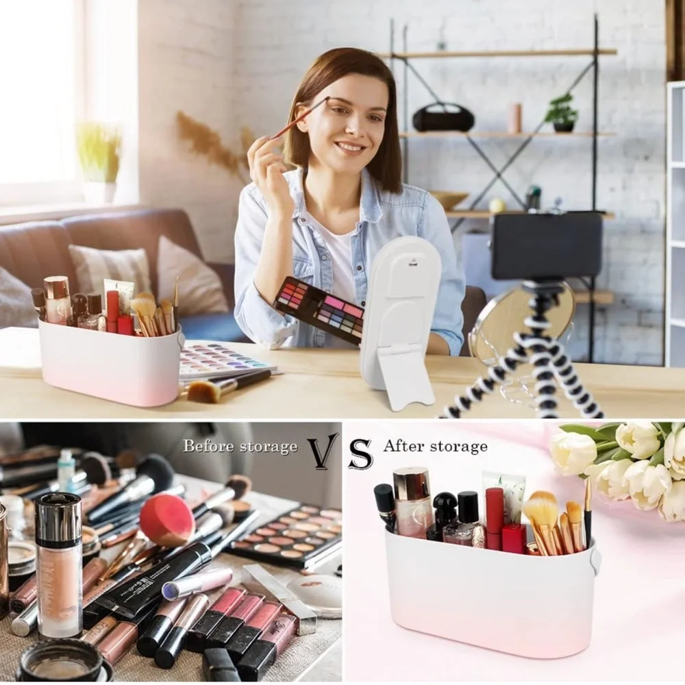 Travel Makeup Box with LED Light Mirror Plastic Cosmetic Case  (Gradient Pink)
